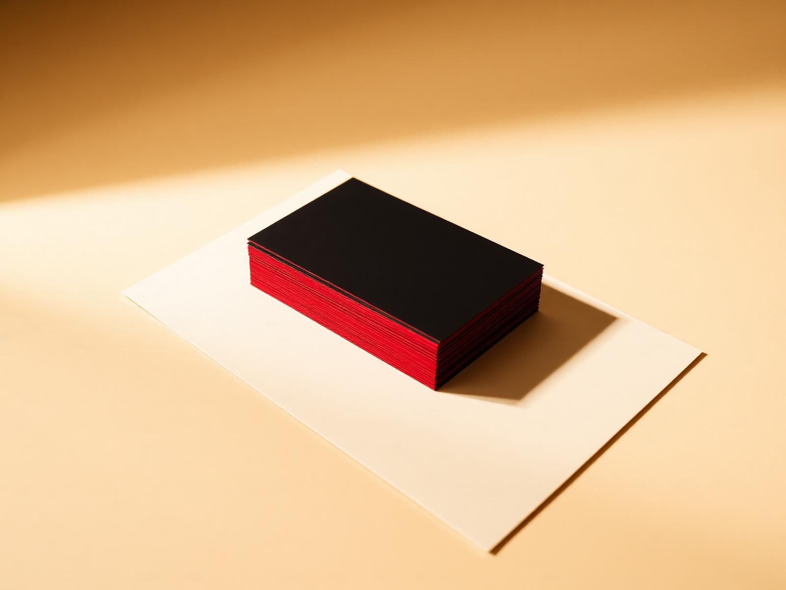 Stack of premium matte black business cards with deep red foil edges